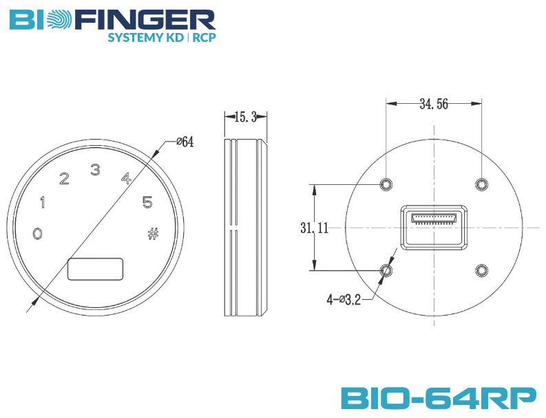 Electronic furniture lock with PIN code BIO-64RP-Panel – dimensions and technical drawing
