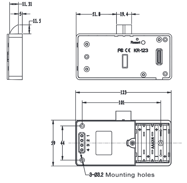 RFID cabinet lock BIO-S123A – technical drawing and dimensions