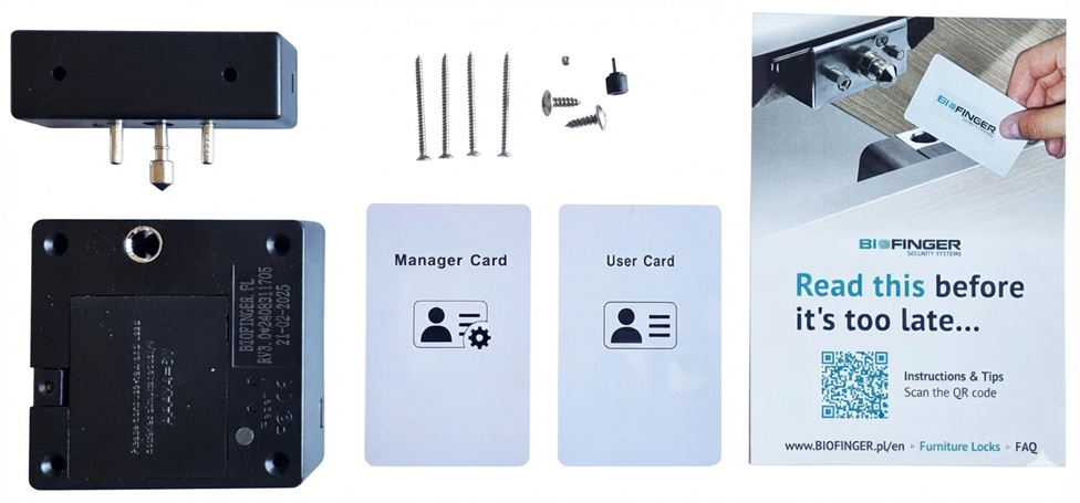 Kit de serrure de meuble invisible BIO-S8080A (80x80mm): Grand corps de serrure, gâche et cartes RFID