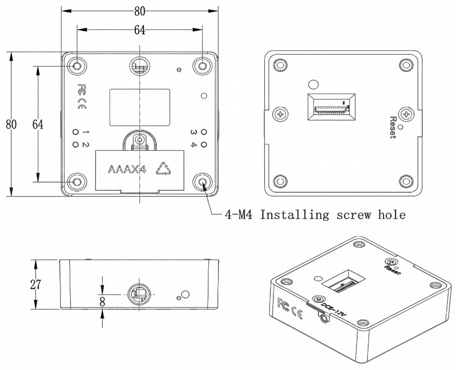 Dessin technique et dimensions d'installation du corps de la serrure BIO-S80A – partie 1