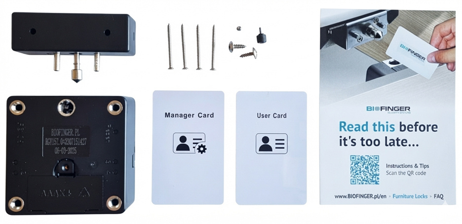 Kit de serrure de meuble invisible BIO-S80A (rectangulaire) : Corps de serrure, gâche et cartes RFID