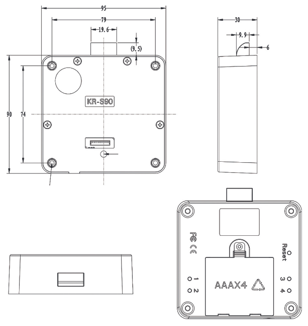 RFID cabinet lock BIO-S90A – technical drawing and dimensions